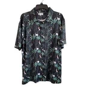 Yatta Golf Mens‎ XL Tropical Palm Bird Print Performance Polo Shirt Black Green